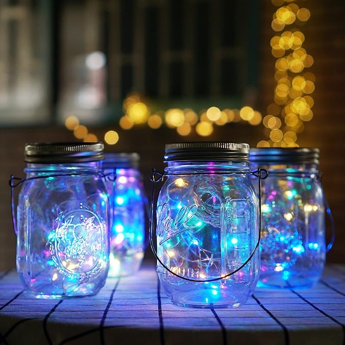 String Lights for Mason Jars, 12 Pack Solar LED Lids in 4 Colors