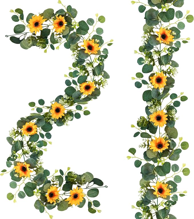 Artificial Flowers: Silk Sunflower Garland, Yellow & Green, 6.6 ft, 2 Pack