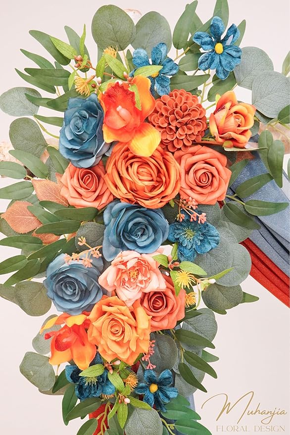 Artificial Flowers Arch Kit Burnt Orange and Dark Teal with 2 Chiffon Drapes