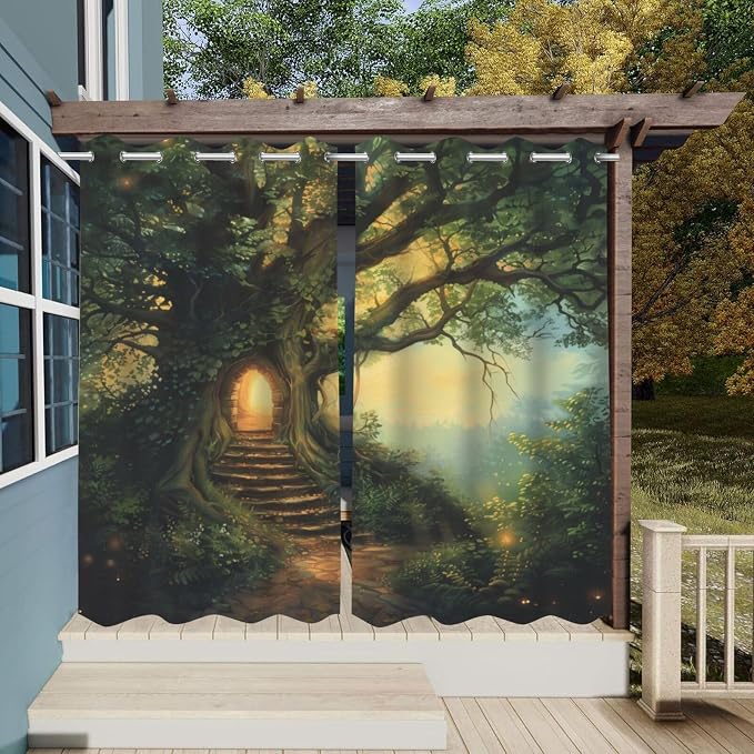 Outdoor Curtains with Forest Pattern, Waterproof Green 2-Panel Set