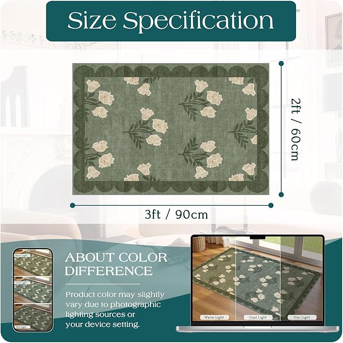 Outdoor Rug, Sage Green Floral Scalloped Edge, 2 x 3 ft