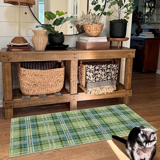 Outdoor Rug 2x4.3 Ft Green Plaid Tartan, Non-Slip Machine Washable