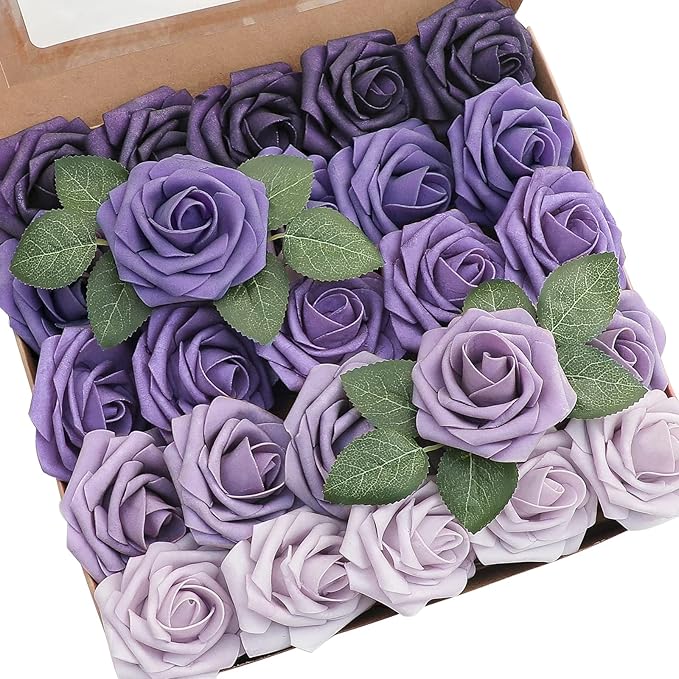 Artificial Rose Flowers, 25 Pack Lavender Ombre PE Foam with Wire Stems