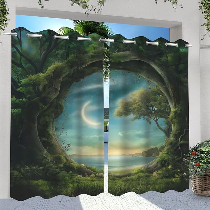 Forest Theme Waterproof Indoor/Outdoor Curtains, Trees Moon Lake Pattern - Image 2