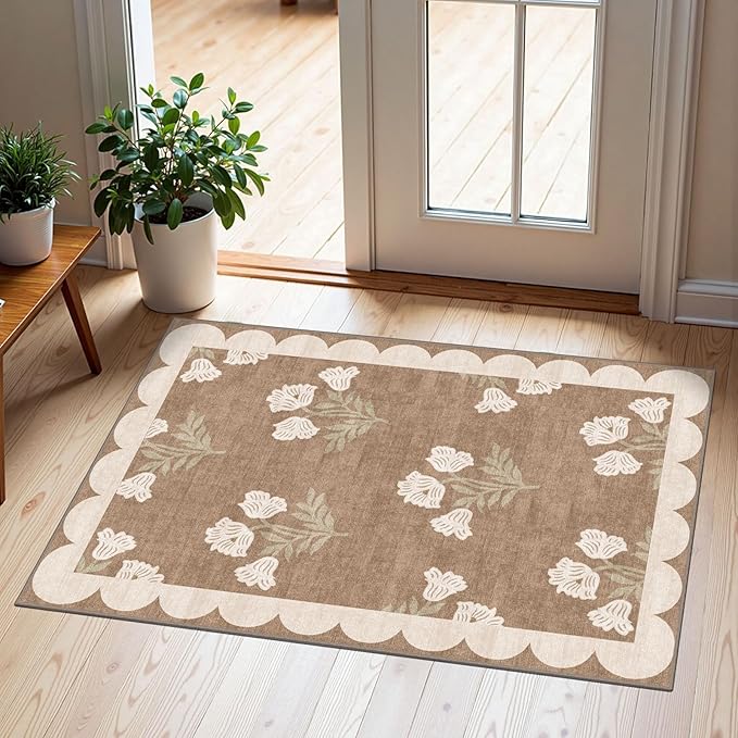 Outdoor Rugs Tan Floral Door Mat, Non-Slip 2 x 3 ft Polyester