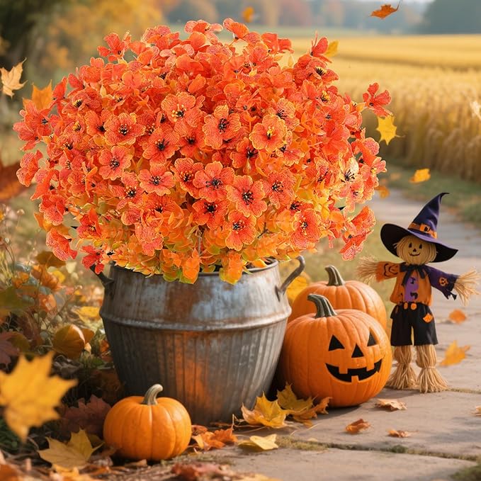 Artificial Flowers in Orange Fall Shades, 16 Bundles, Outdoor Use