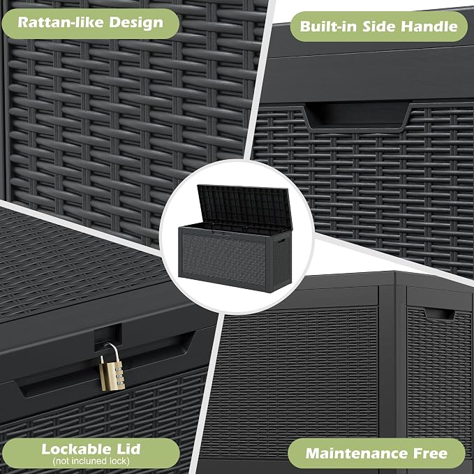 Deck Box 60 Gallon Black Resin Outdoor Storage with Lockable Lid