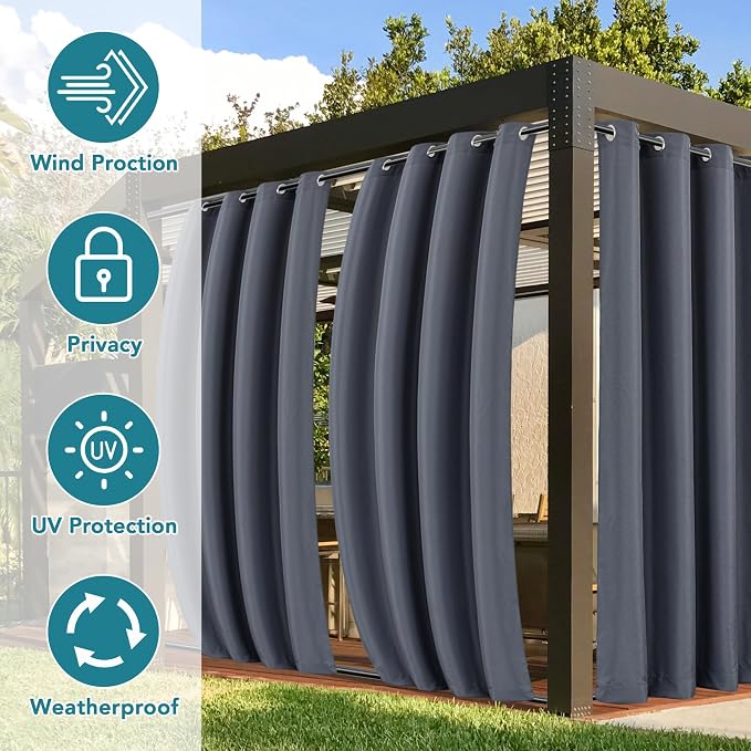 Outdoor Curtains Grey Waterproof 4 Panels 54x108 Inch Windproof