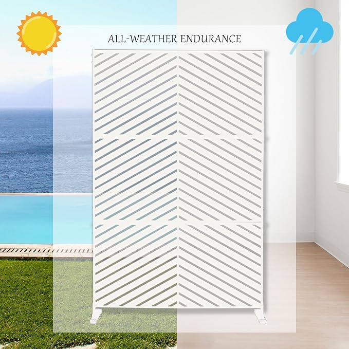 Garden Privacy Screen - White Chevron Metal Freestanding Panel, 74 x 47.2 in