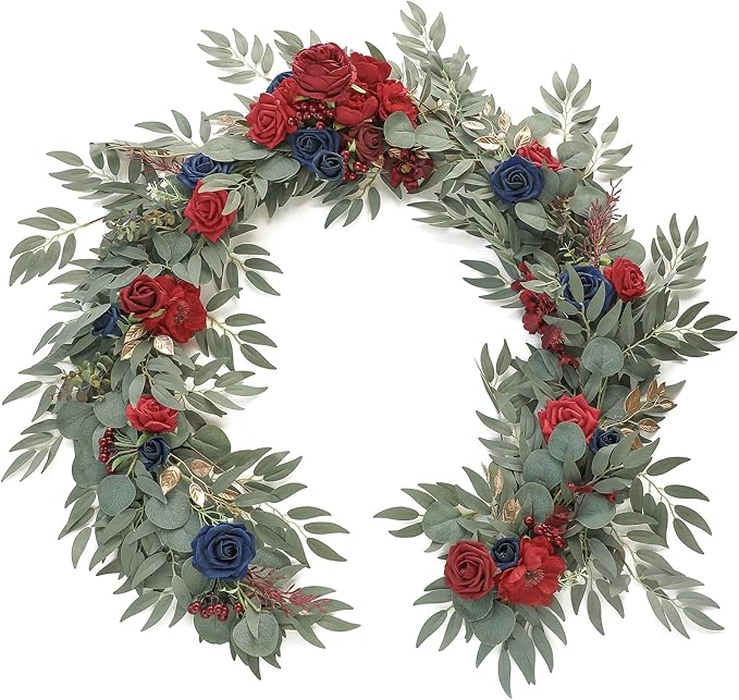 Artificial Flower Garland, 6 Ft Faux Silk Vine in Navy and Burgundy