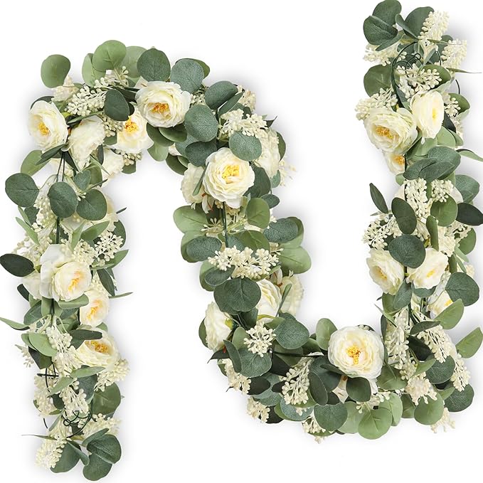 Artificial Eucalyptus Garland with Champagne Roses, 2 Pack