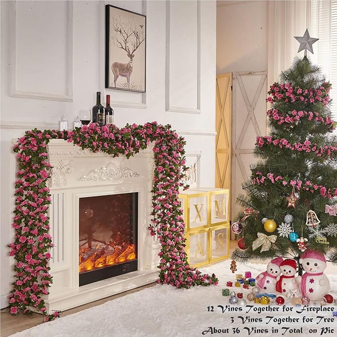 Artificial Flowers Spring Magenta Silk Rose Garland, 8 Vines at 8.2 ft