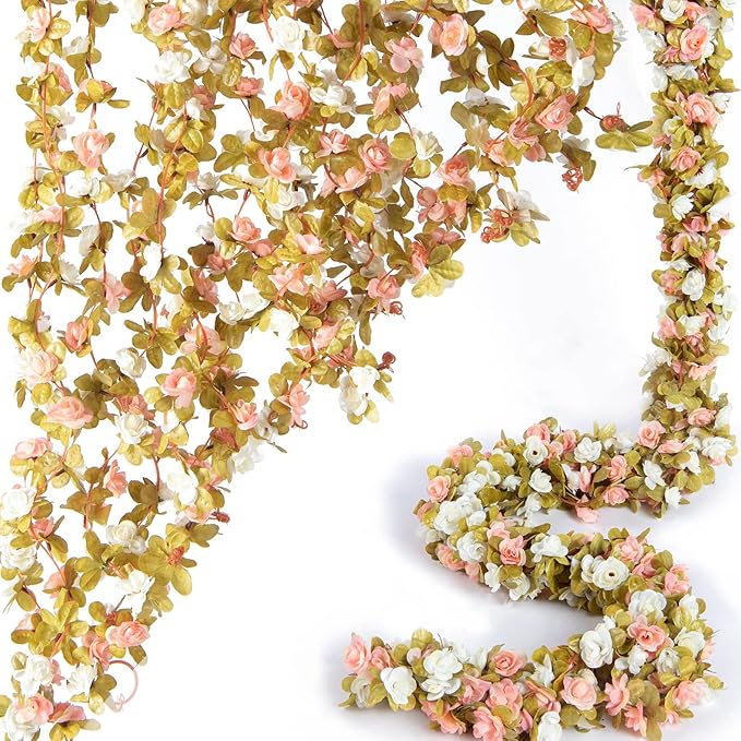 Artificial Flowers: 8 Pink and White Silk Rose Vines, 8.2 Ft Each