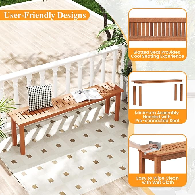 Tangkula Outdoor Wood Bench, 59” Long Patio Dining Bench, Backless Wooden Bench - Image 6