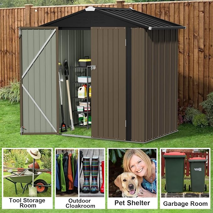 Storage Shed 6 x 4 FT Metal Outdoor Shed with Lockable Door, Brown