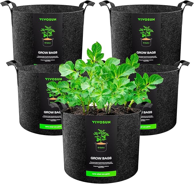 VIVOSUN 5-Pack 10 Gallon Plant Grow Bags, Heavy Duty Thickened Nonwoven Fabric by VIVOSUN