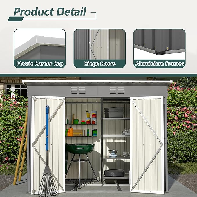 Storage Shed, 8 x 4 ft Galvanized Steel with Floor Frame in Gray
