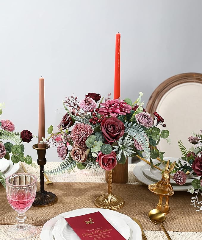 Artificial Flowers Burgundy Faux Silk Dahlia Set, 25 Pcs with Green Leaves