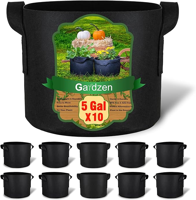 Gardzen 10-Pack 5 Gallon Grow Bags, 300G Thickened Aeration Fabric Pots by Gardzen