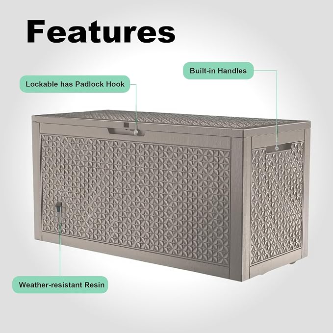 Deck Box 100 Gallon Grey Resin, Waterproof and Lockable Outdoor Storage