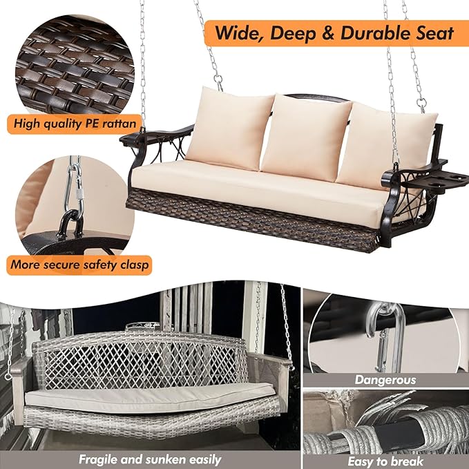 3-Person Wicker Porch Swing Chair Heavy Duty 900 LBS Outdoor Rattan Patio Swing - Image 2