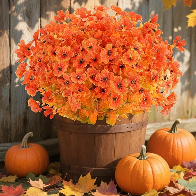 Artificial Flowers in Orange Fall Shades, 16 Bundles, Outdoor Use