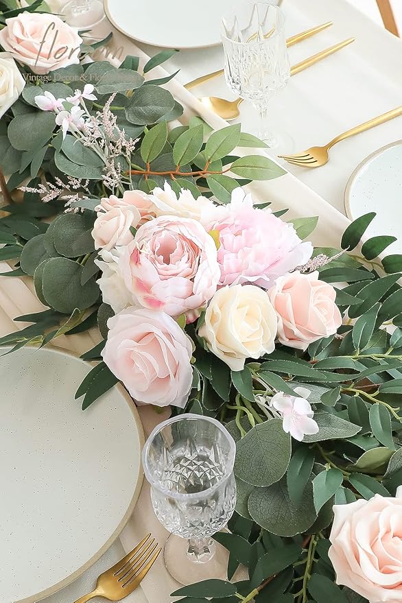 Artificial Flowers Garland, 6 Ft Blush and Cream Eucalyptus Vine