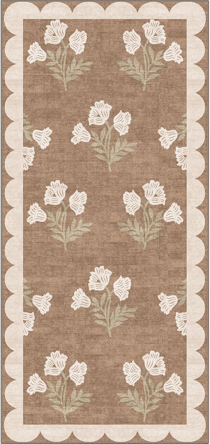 Outdoor Rug Floral Entryway Mat, Tan, 2 x 4.3 Ft, Non-Slip Backing