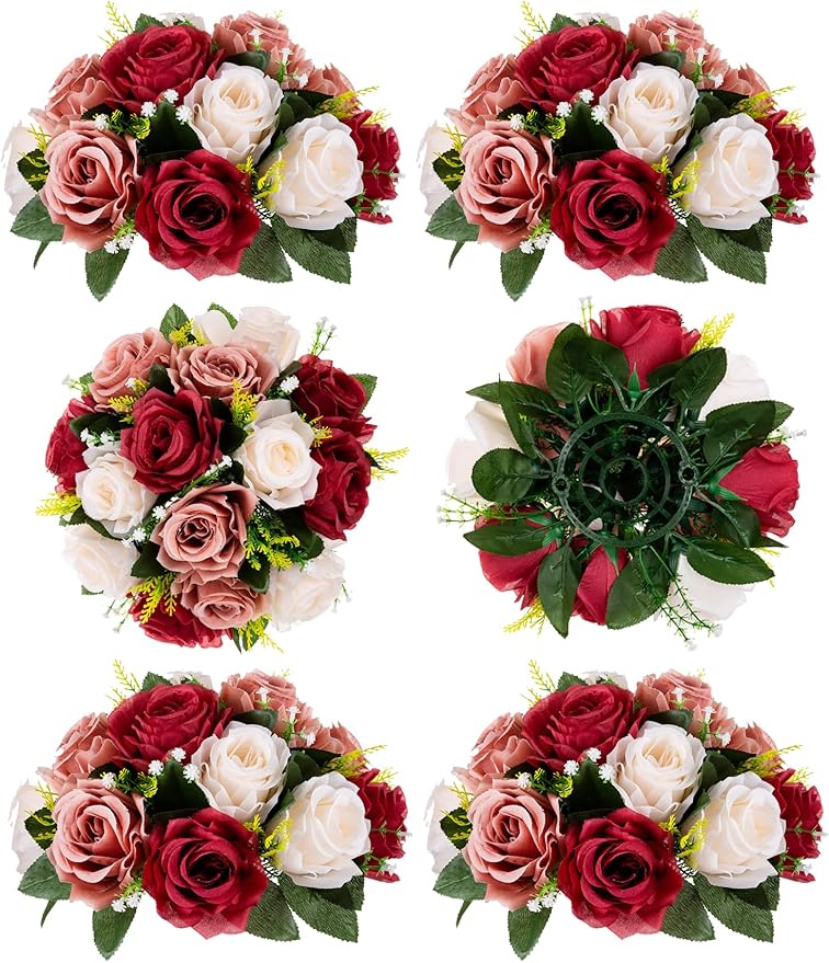 Artificial Flowers Silk Rose Balls for Centerpieces, Burgundy and Blush