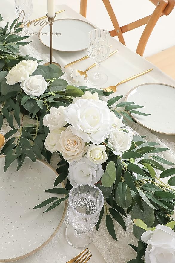 Artificial Flower Garland, 6 ft Ivory Eucalyptus Vine with Roses