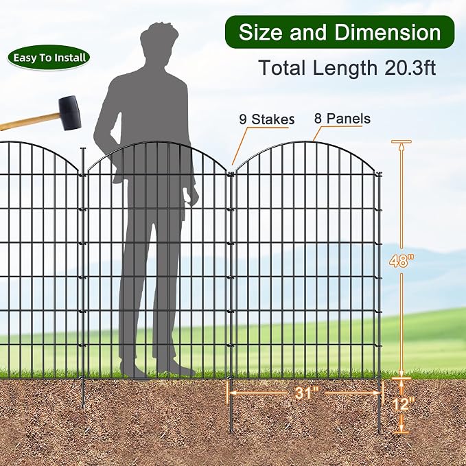 Decorative Fence Set, 8 Steel Panels and 9 Stakes, 48in x 20.3ft