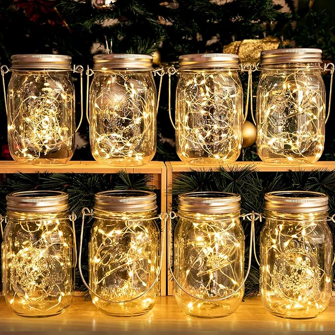 Lanterns, Clear Plastic Mason Jar Solar Lights, 8 Pack with Warm White LED
