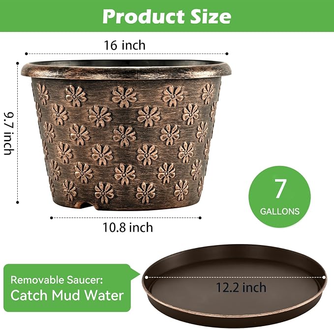 16 Inch Planter Pots for Plants, Plastic Large Flower Pots Indoor Outdoor - Image 4