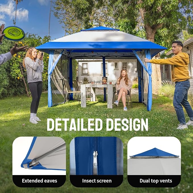 Gazebo 13 x 13 ft Pop-Up Canopy with UPF 50+ Fabric in Blue and Grey
