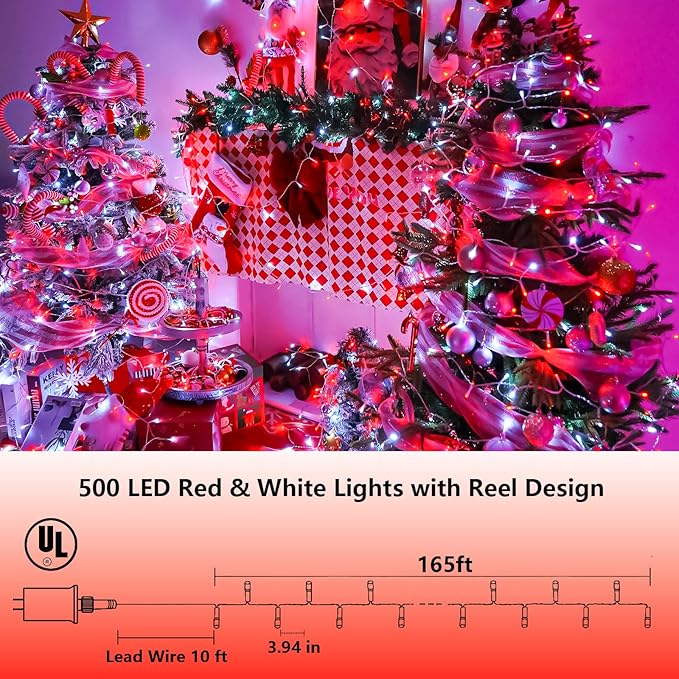 String Lights 500 LEDs, 165ft Red and White, Outdoor Waterproof