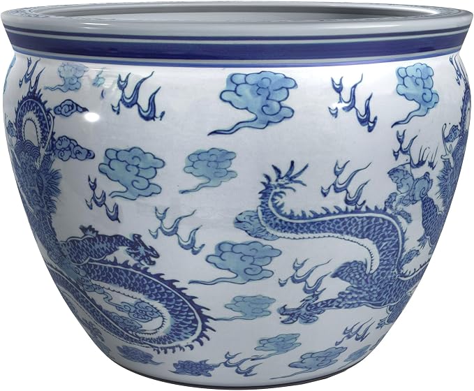 16" Dragon Blue & White Porcelain Fishbowl - Image 6