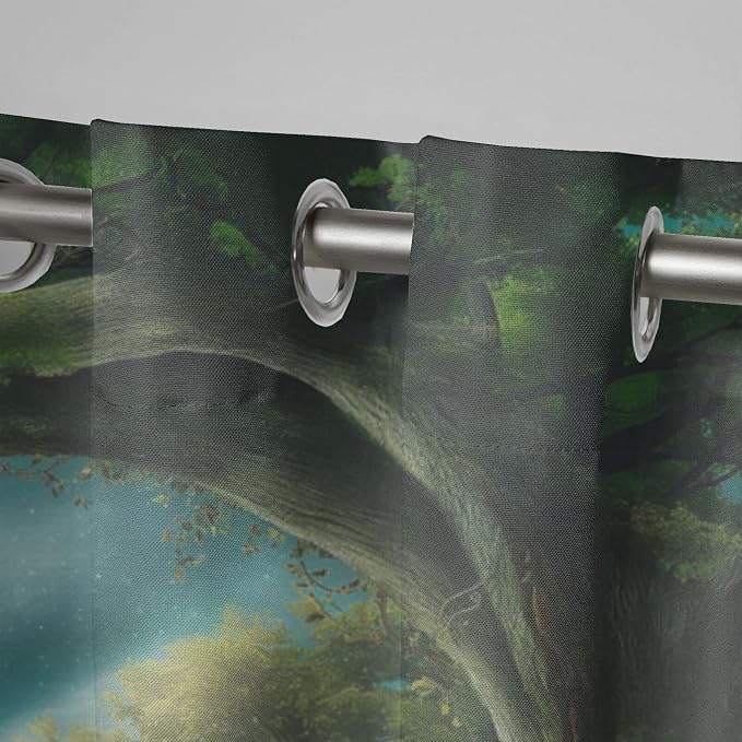 Forest Theme Waterproof Indoor/Outdoor Curtains, Trees Moon Lake Pattern - Image 4