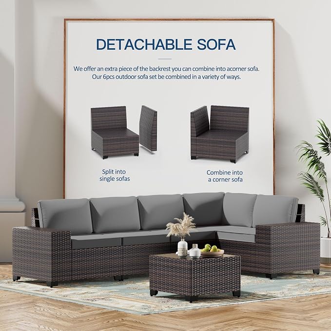 Kullavik 6PCS Outdoor Patio Furniture Set PE Wicker Rattan Sectional Sofa Patio - Image 5