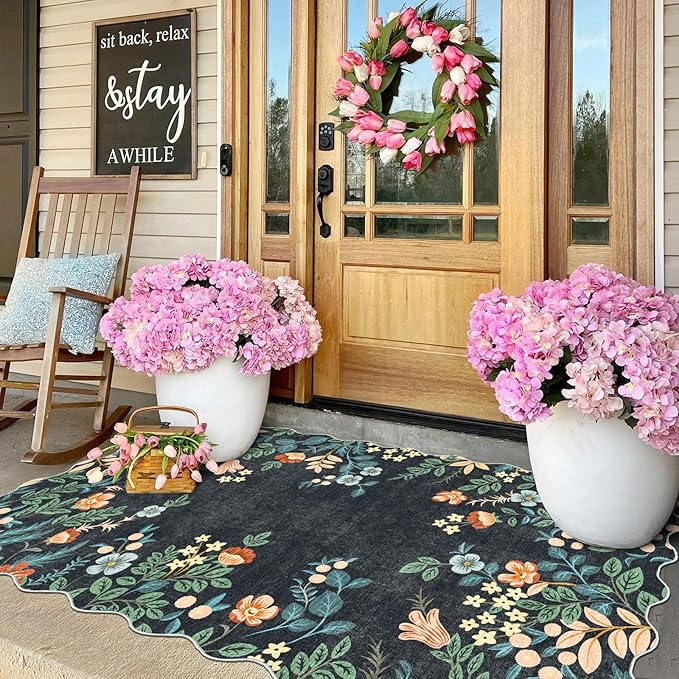 Outdoor Rug 3x5 Ft Black Floral Washable Non-Slip Entry Mat