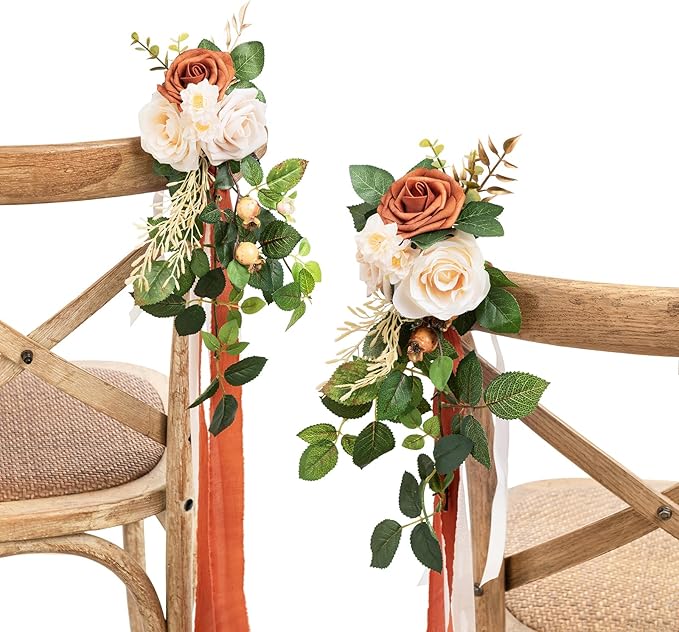 Artificial Flowers Aisle Pew Decor, 8 Pcs Sunset Terracotta Silk Set