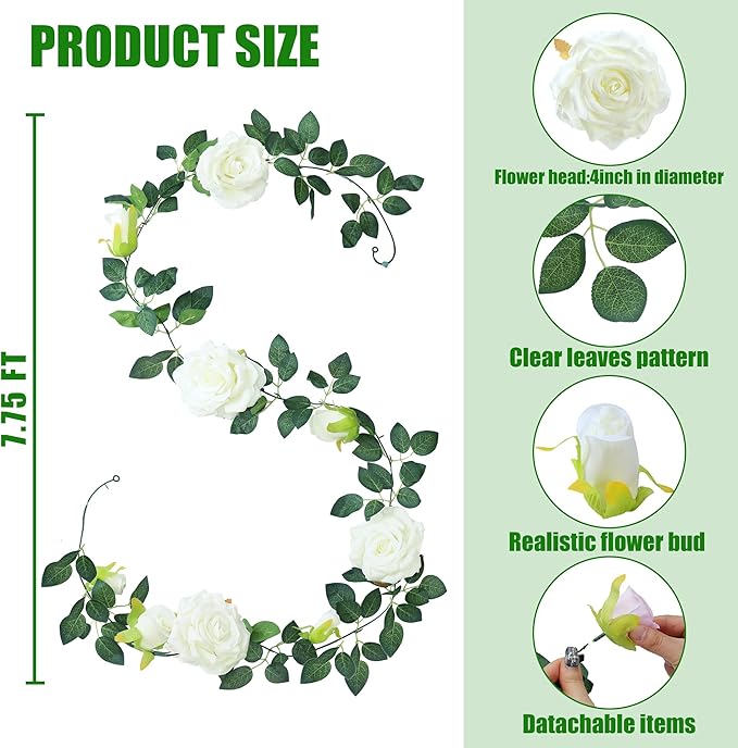 Artificial Rose Vine Garland, 6 Pack, Approx 7.75 Ft White Silk Flowers
