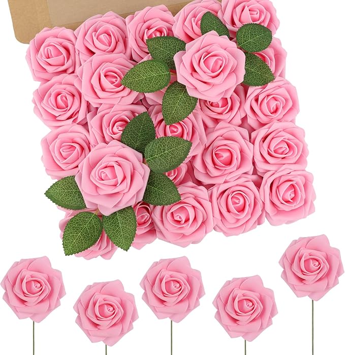 Artificial Flowers, 50 Light Pink Foam Roses with Bendable Stems