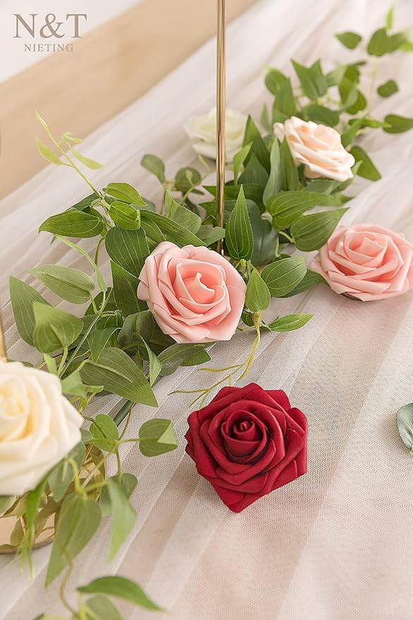 Artificial Flowers, 50 Foam Roses with Bendable Wire Stems