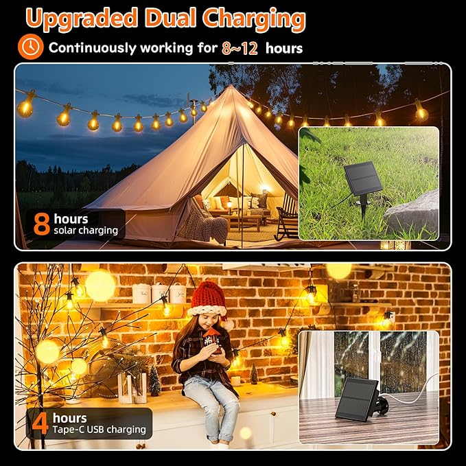 String Lights 31FT Solar G40 Warm White Black Outdoor