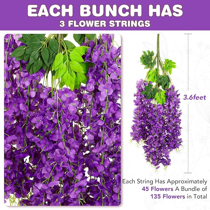 Artificial Wisteria Vines - 75 Pack, Purple, 3.6 Ft Length