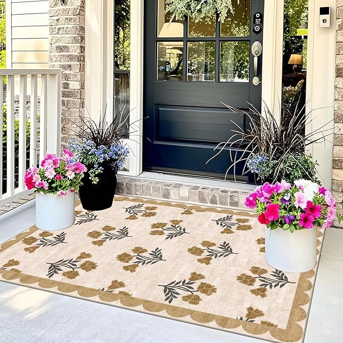 Outdoor Rug, 3x5 Beige Floral Entry Mat, Machine Washable