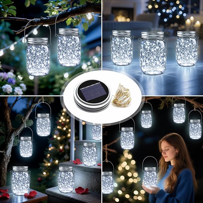 String Lights 12-Pack Solar Mason Jar Lights, Cool White LED