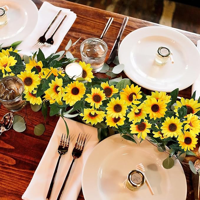Artificial Sunflower Garland, 7.5 Ft Silk Vines in Yellow and Green