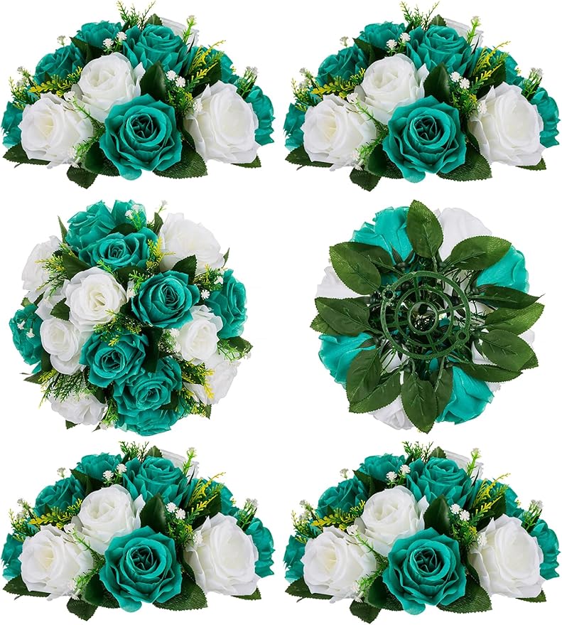 Artificial Flowers: Teal and White Silk Rose Ball Centerpieces