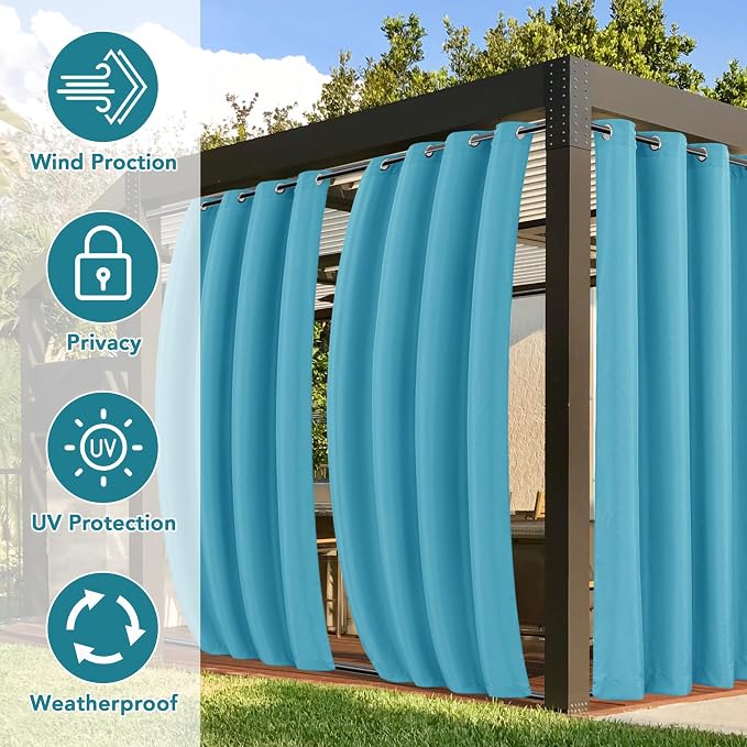 Outdoor Curtains, Teal, 4 Panels 54x84 Inch, Waterproof Windproof